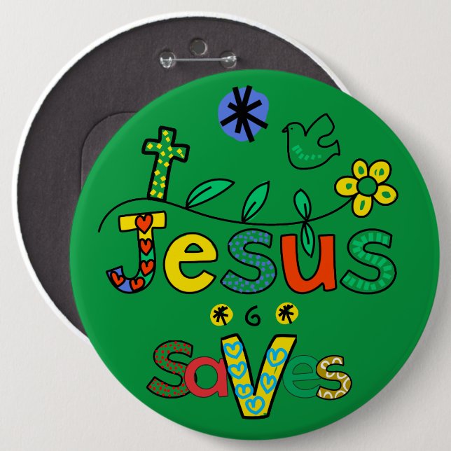 Jesus Rette I Doodles I KellyGrn i 6x6 Button (Vorne & Hinten)