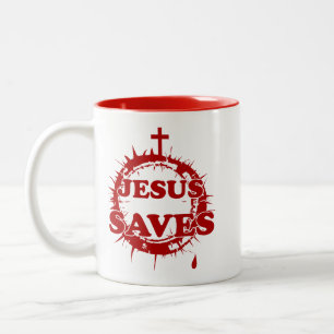 Jesus Rette mit Kreuz und Krone von Thorns Zweifarbige Tasse