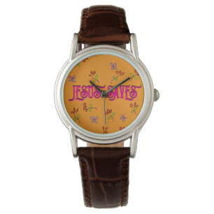 "Jesus Rette" Zitat Blumenschrift auf Gelb Armbanduhr