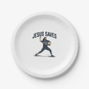 Jesus rettet Baseball Pitcher Vintage Gravur Shi Pappteller