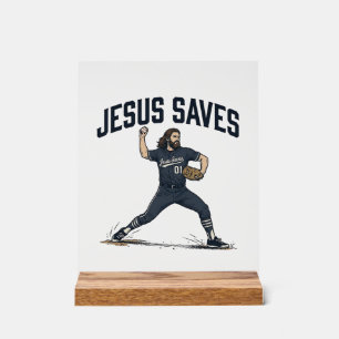 Jesus rettet Baseball Pitcher Vintage Gravur-Shirt Acrylschild