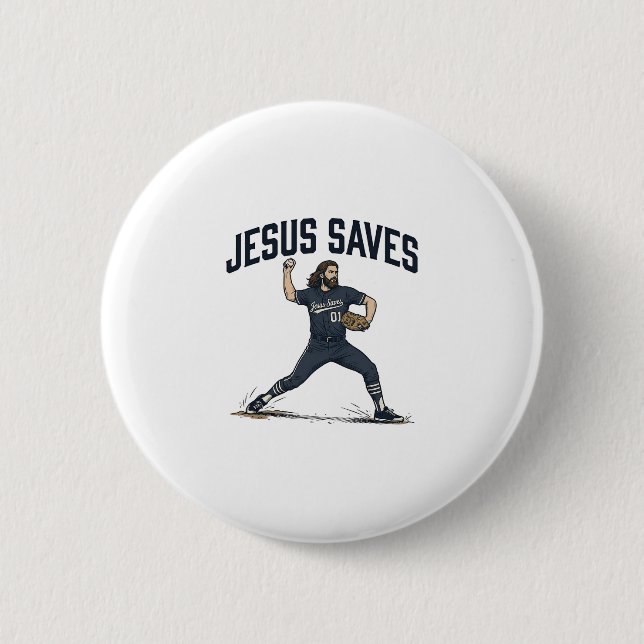 Jesus rettet Baseball Pitcher Vintage Gravur-Shirt Button (Vorderseite)