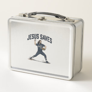 Jesus rettet Baseball Pitcher Vintage Gravur-Shirt Metall Brotdose