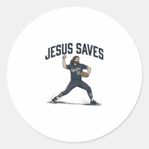 Jesus rettet Baseball Pitcher Vintage Gravur Shirt Runder Aufkleber