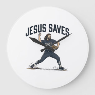 Jesus rettet Baseball Pitcher Vintage Gravur T-Shi Große Wanduhr