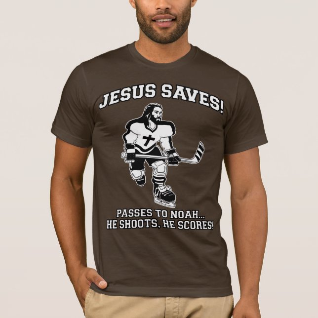 Jesus rettet Hockey lustiges T-Shirt (Vorderseite)