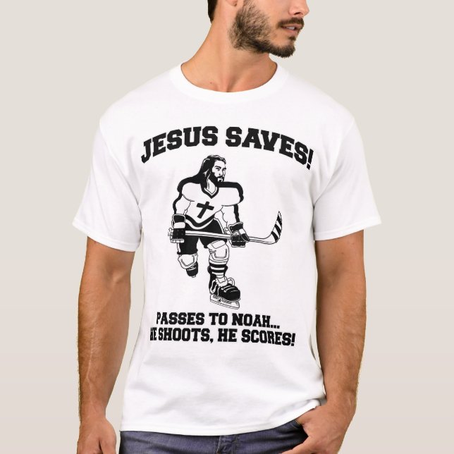 Jesus rettet Hockey lustiges T-Shirt (Vorderseite)
