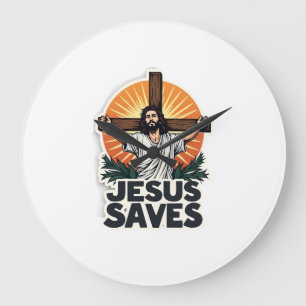 Jesus rettet Vintage-Gravur-Glaubens-Shirt (1) Große Wanduhr