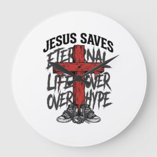 Jesus rettet Vintage-Kreuz christliche Streetwear Große Wanduhr