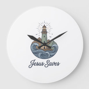 Jesus rettet Vintage-Leuchtturm-Christen-Shirt_1 Große Wanduhr
