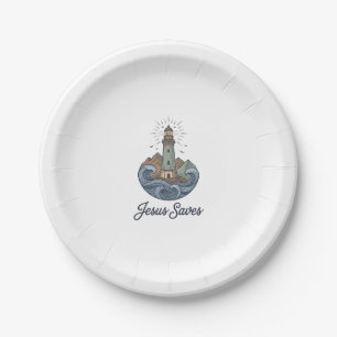 Jesus rettet Vintage-Leuchtturm-Christen-Shirt_1 Pappteller