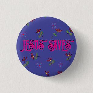 „Jesus rettet“ Zitat mit Blumendruck auf Lila Button