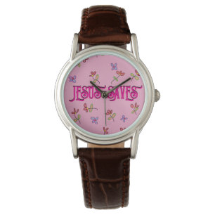 „Jesus rettet“ Zitat mit floralem Druck auf Rosa  Armbanduhr