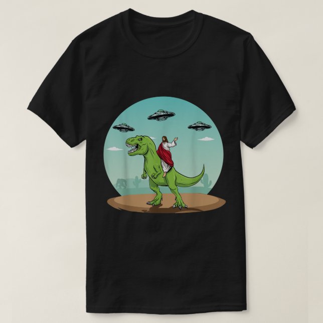 Jesus Riding A Dinosaur Funny Bigfoot UFO Alien Ab T-Shirt (Design vorne)