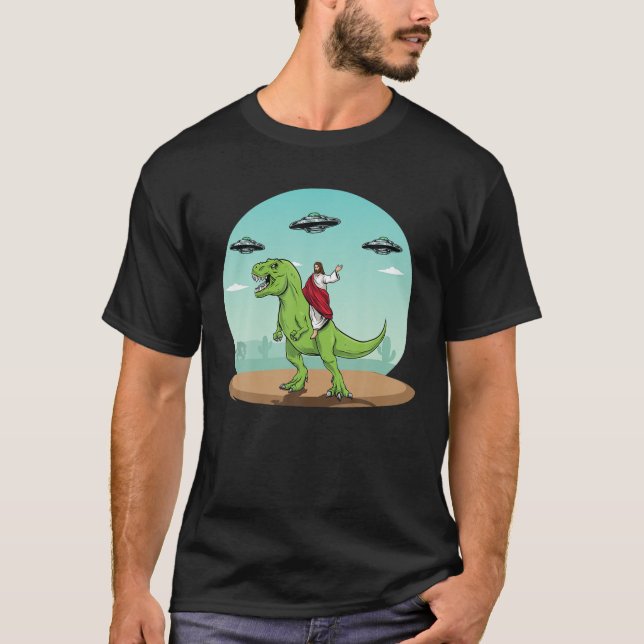 Jesus Riding A Dinosaur Funny Bigfoot UFO Alien Ab T-Shirt (Vorderseite)