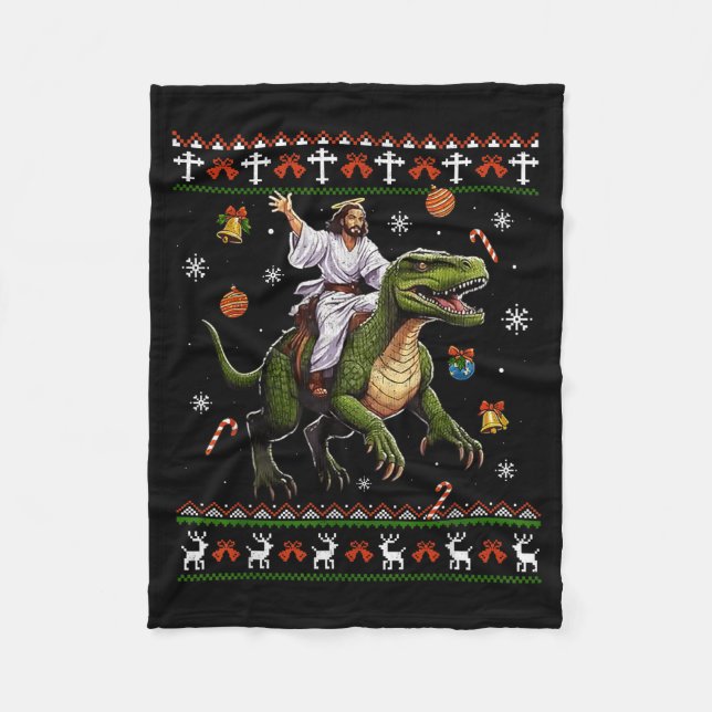 Jesus Riding Dinosaur Funny Meme Ugly Christmas Sw Fleecedecke (Vorderseite)