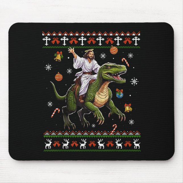 Jesus Riding Dinosaur Funny Meme Ugly Christmas Sw Mousepad (Vorne)