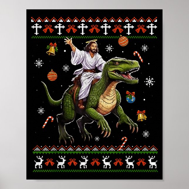 Jesus Riding Dinosaur Funny Meme Ugly Christmas Sw Poster (Vorne)