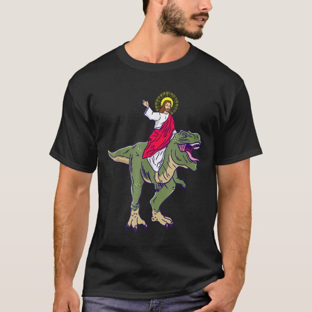 Jesus Riding Dinosaur Rex Jesus Christlich T-Shirt (Vorderseite)
