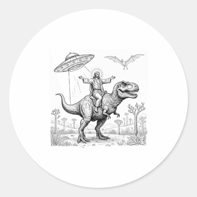 Jesus Riding Dinosaur T-rex Ufo Hunting Alien Sci- Runder Aufkleber (Vorderseite)
