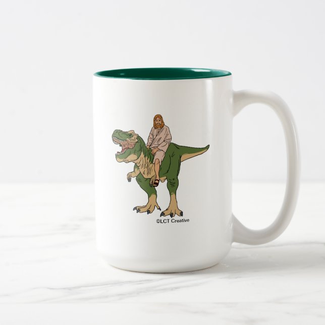 Jesus Riding T-Rex Zweifarbige Tasse (Rechts)