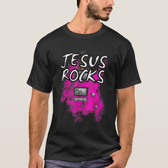 Jesus Rocks Gitarre Electric Gitarrist Christlich  T-Shirt (Vorderseite)