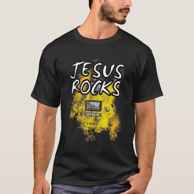 Jesus Rocks Gitarre Electric Gitarrist Christlich  T-Shirt (Vorderseite)