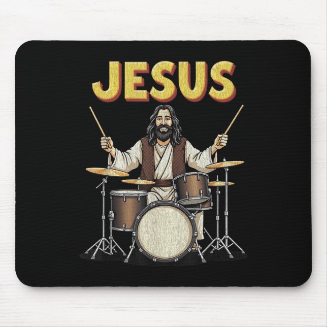 Jesus Rocks Music Funny Christlich Drummer Design Mousepad (Vorne)