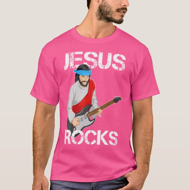 Jesus Rocks on Electrical Gitarre Funny Christlich T-Shirt (Vorderseite)