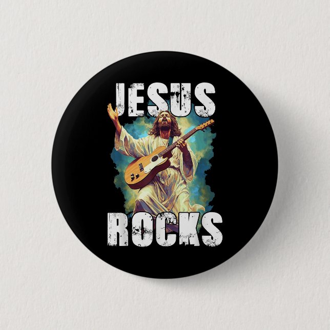 Jesus rockt mit Gitarre - Lustiger christlicher Fe Button (Vorderseite)