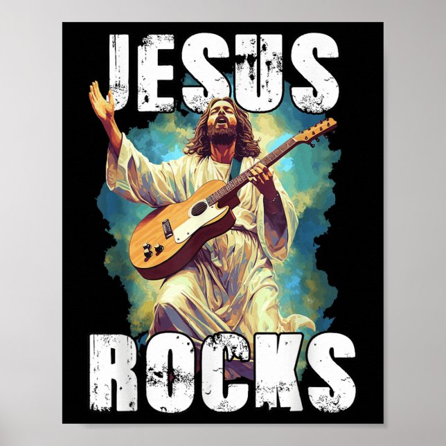 Jesus rockt mit Gitarre - Lustiger christlicher Fe Poster (Vorne)