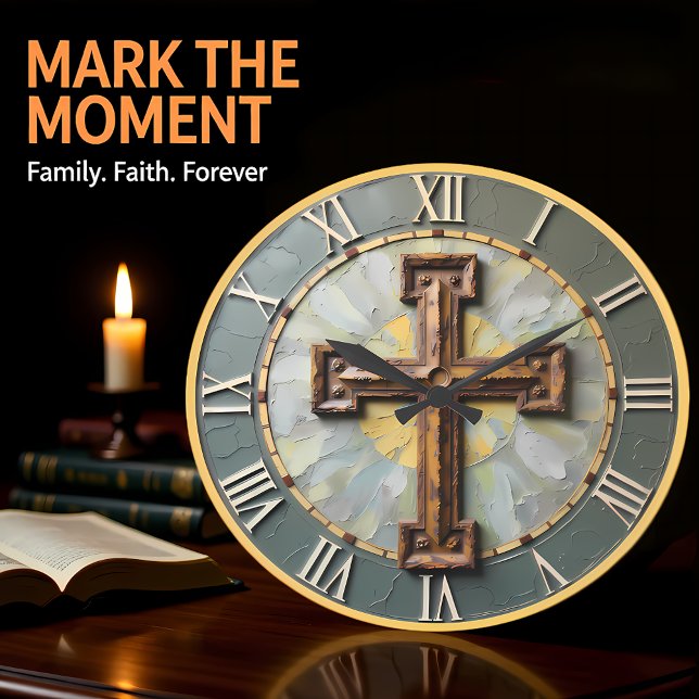 Jesus rustikales Texturkreuz Große Wanduhr (Von Creator hochgeladen)
