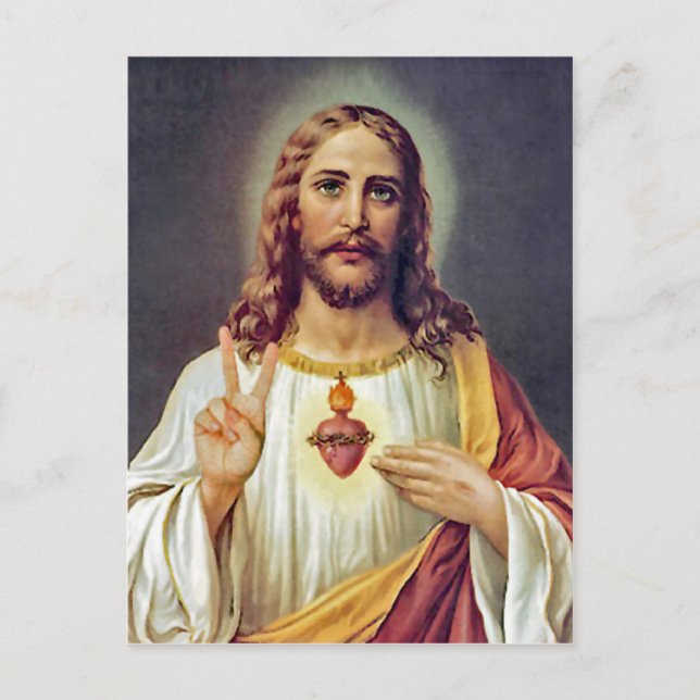 Jesus Sacred Heart Peace Sign Portrait Postkarte (Vorderseite)