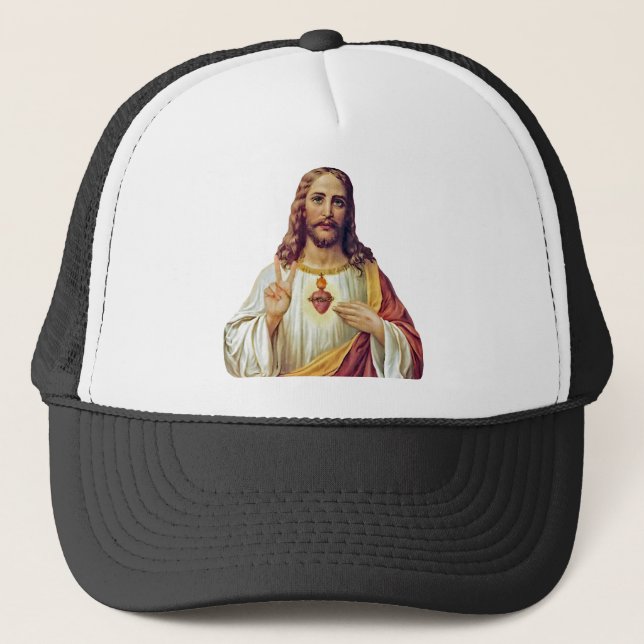 Jesus Sacred Heart Peace Sign Portrait Truckerkappe (Vorderseite)