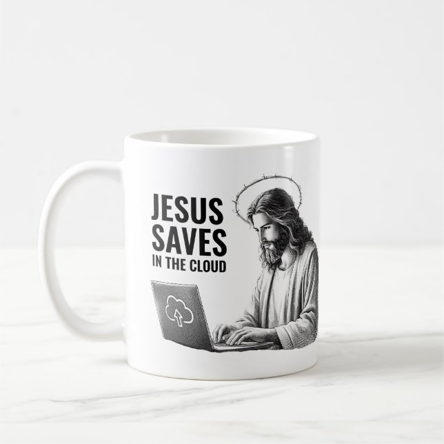 Jesus Saves in the Cloud - Funny Jesus Meme Kaffeetasse (Links)