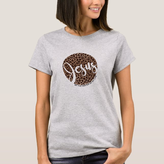 Jesus sein Zentrum Leopard Print T - Shirt (Vorderseite)