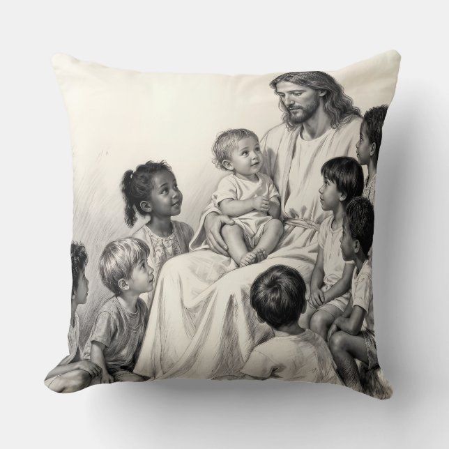 Jesus sitzt mit Kindern Kissen (Vorderseite)