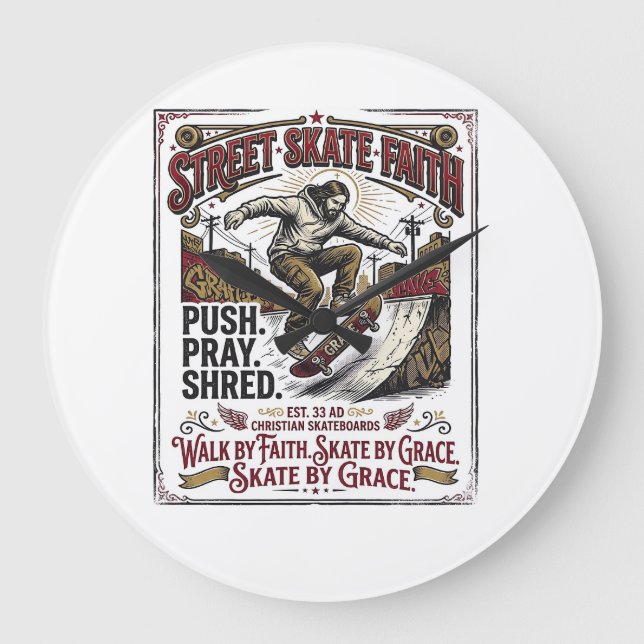 Jesus Skate Longboard Shirt Christlich Große Wanduhr (Vorderseite)