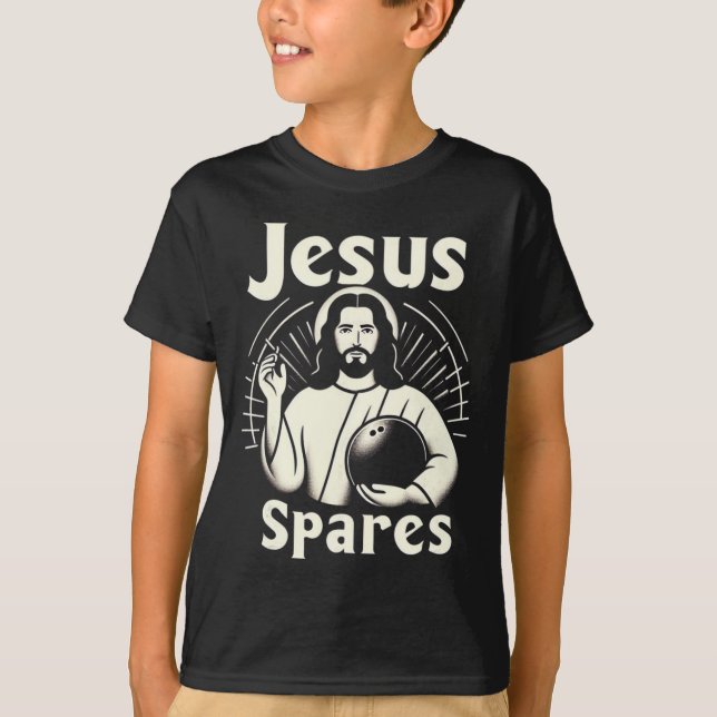 Jesus spart Männer Frauen Kinder 10 Button Bowling T-Shirt (Vorderseite)