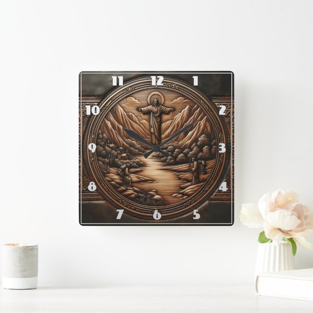 Jesus Stehend über einer ruhigen Landschaft Quadratische Wanduhr (Zuhause)