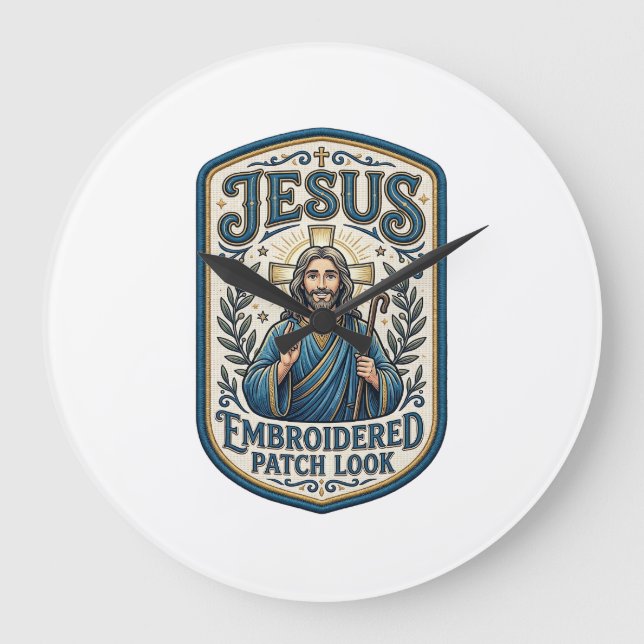 Jesus Stickpatch Look Jesus Stickpatch Große Wanduhr (Vorderseite)
