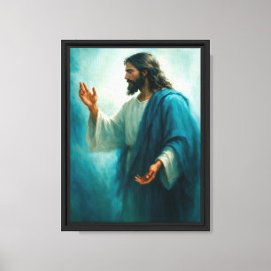 Jesus streckt sich in blauer spiritueller Kunst au Leinwanddruck
