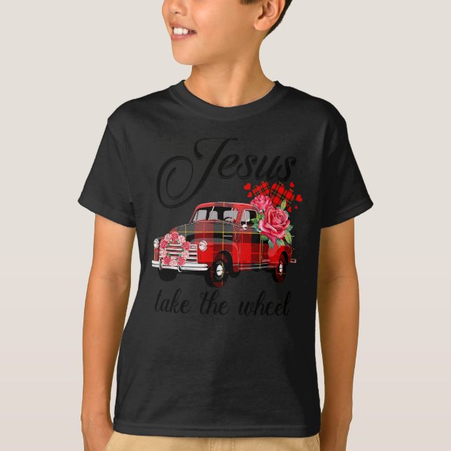 Jesus Take The Wheel Red Truck Christmas God Belie T-Shirt (Vorderseite)