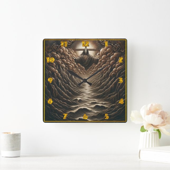 Jesus taucht aus Wolken über serenen Gewässern auf Quadratische Wanduhr (Zuhause)