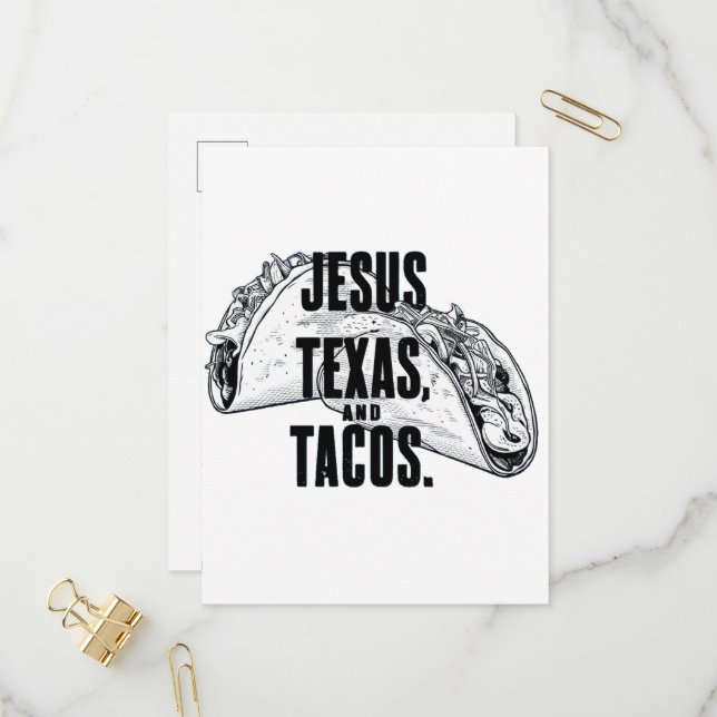Jesus Texas und Tacos Funny Food Cinco De Mayo Einladungspostkarte (Vorderseite/Rückseite Beispiel)
