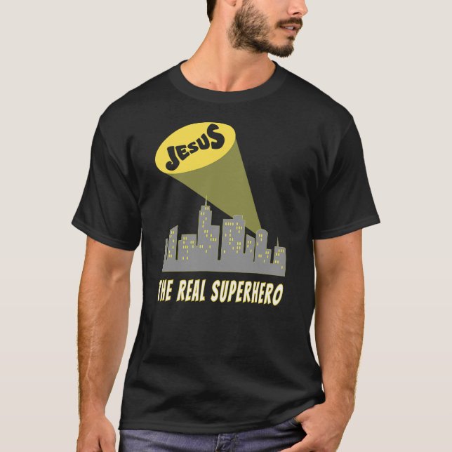 Jesus the Real Superhero Bat Signal T-Shirt (Vorderseite)