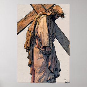 Jesus trägt Kreuz Druck Christlich Minimalistisch Poster