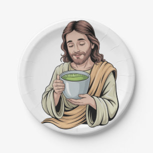 Jesus trinkt Matcha-Getränk Christlich Pappteller