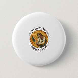 Jesus tropft Shampooflasche auf Fußdusche Schmerz Button