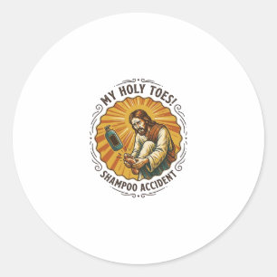 Jesus tropft Shampooflasche auf Fußdusche Schmerz Runder Aufkleber